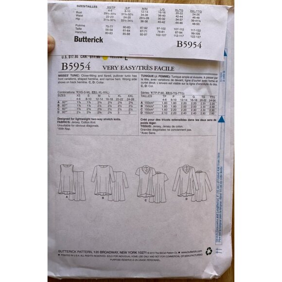 Butterick LRG - XXL Tunic Sewing Pattern Jersey and Cotton Knit New Uncut - Picture 3 of 4